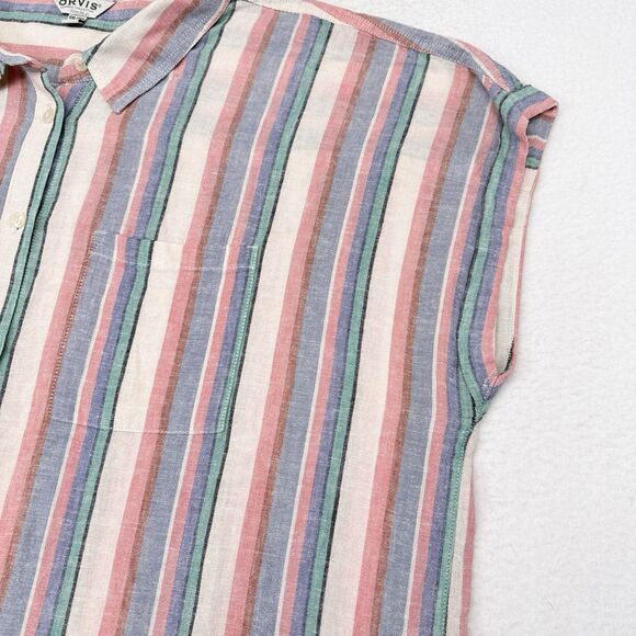 Orvis Top Women’s Size XXL Multicolor Striped Linen Blend Button Front Cuff - Picture 4 of 11